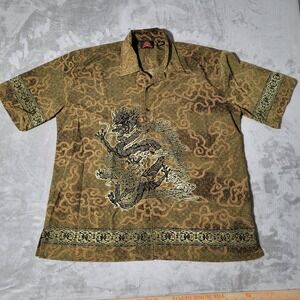 7 Diamonds Mens Dragon‎ Print Shirt XL Short Sleeve Button Up Olive Green